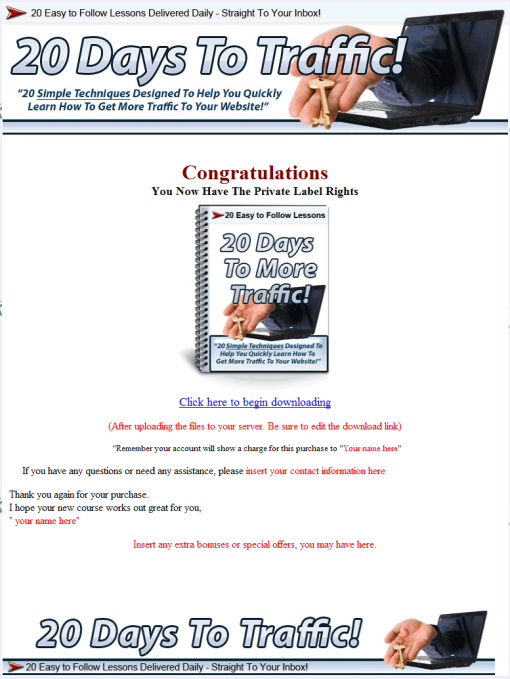20 Days to More Traffic PLR Autoresponder Messages | The PLR Store