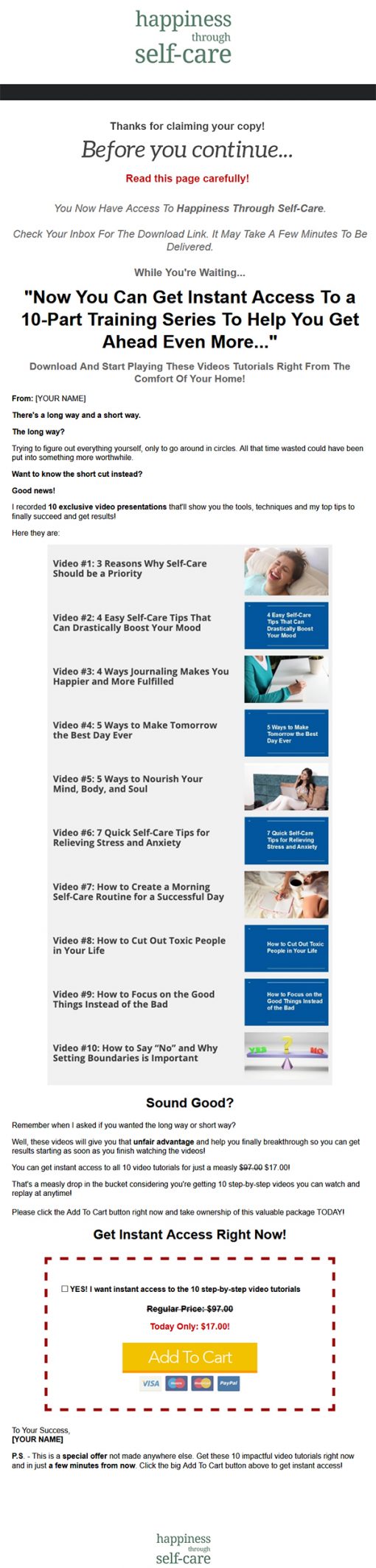 Happiness Through Self Care Ebook and Videos MRR