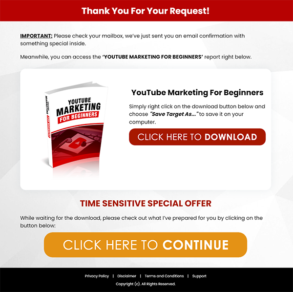 Youtube Marketing for Beginners PLR Report Optin Thank You Page