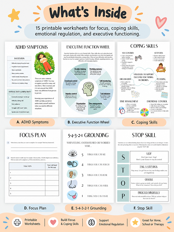 Executive Dysfunction Worksheets for Kids PLR What's Inside